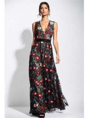 Alice+Olivia Ally Black Floral Lace Maxi Dress with Red & Teal Embroidery